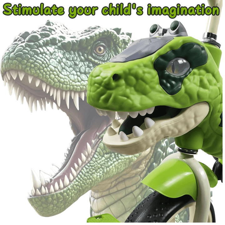 Primer plano del triciclo de dinosaurio con detalles realistas en la cabeza, diseñado para estimular la imaginación infantil.