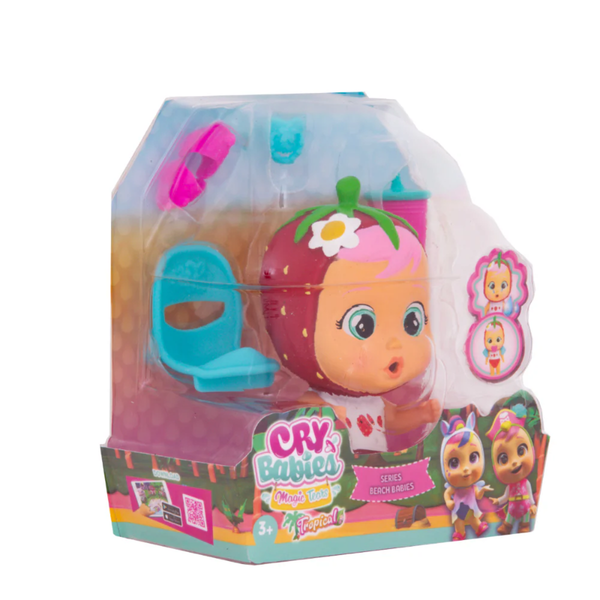 Muñeca Bebés Llorones Beach Mimi en empaque con accesorios sorpresa. Incluye silla, chupete y más sorpresas para jugar.