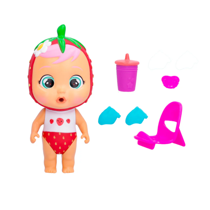 Muñeca Bebés Llorones Beach Mimi con accesorios sorpresa. Incluye biberón, silla, chupete y flotadores para mayor diversión.