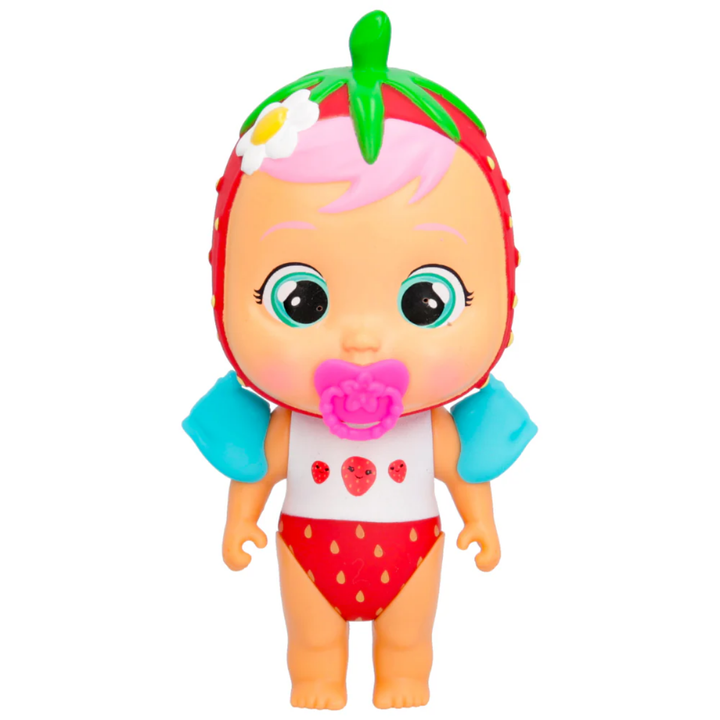 Muñeca Bebés Llorones Beach Mimi con gorro de fresa y chupete rosa. Ideal para coleccionar y jugar con accesorios sorpresa.