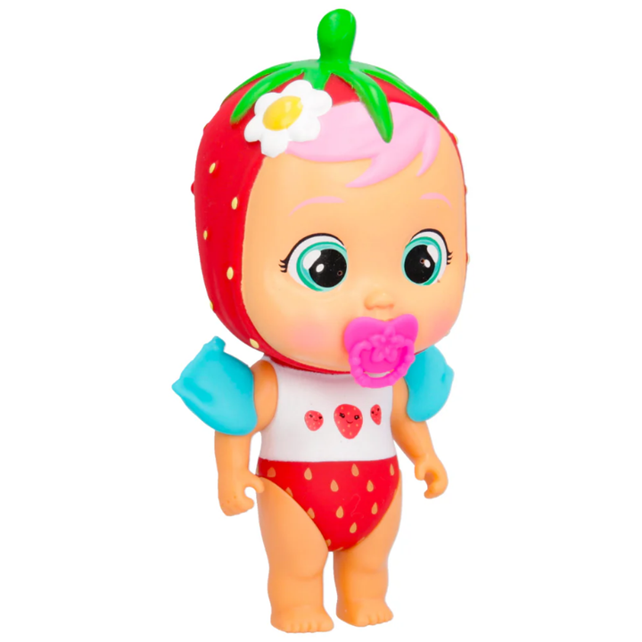 Muñeca Bebés Llorones Beach Mimi con traje de fresa y chupete. Diseño adorable con detalles coloridos y brazos articulados.