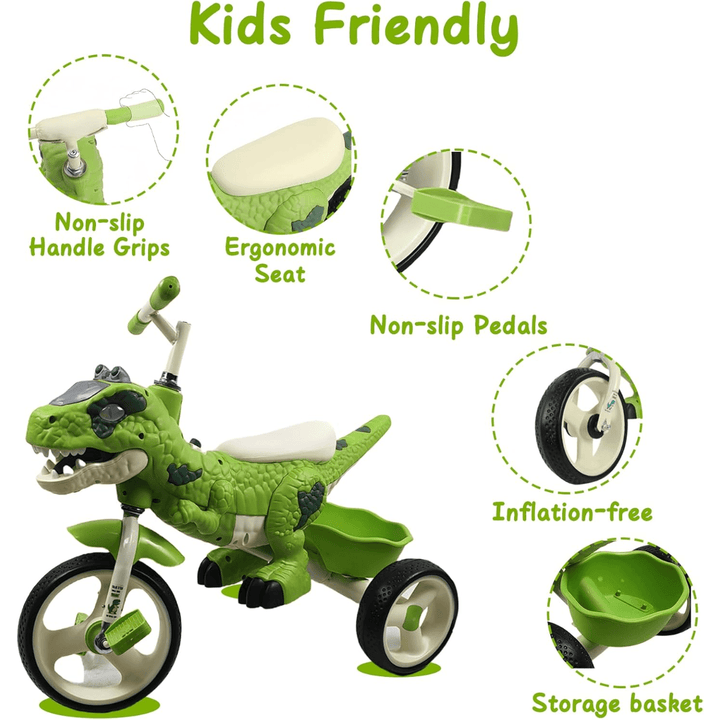 Características del triciclo de dinosaurio para niños, incluyendo asiento ergonómico, pedales antideslizantes y ruedas sin inflado.