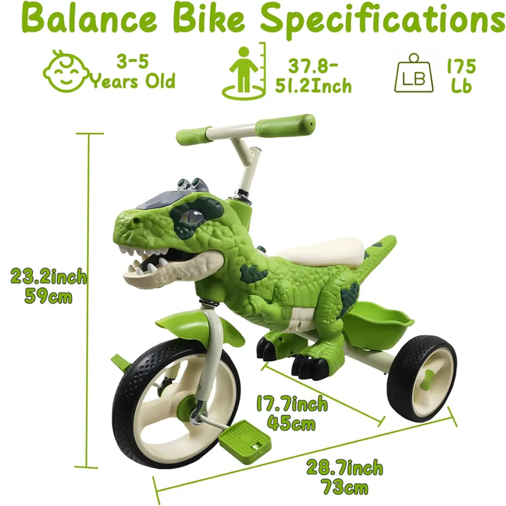 Especificaciones del triciclo de dinosaurio para niños de 3 a 5 años, con medidas detalladas y capacidad de peso de hasta 175 lb.