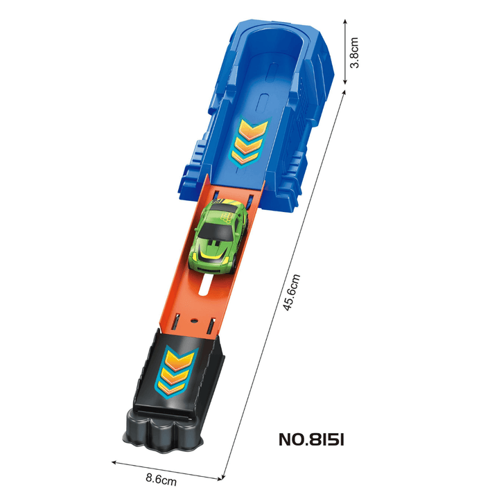 Rampa de la PISTA DE CARRO Juguetes Buffalo con auto verde, diseño compacto y medidas específicas para juego dinámico.