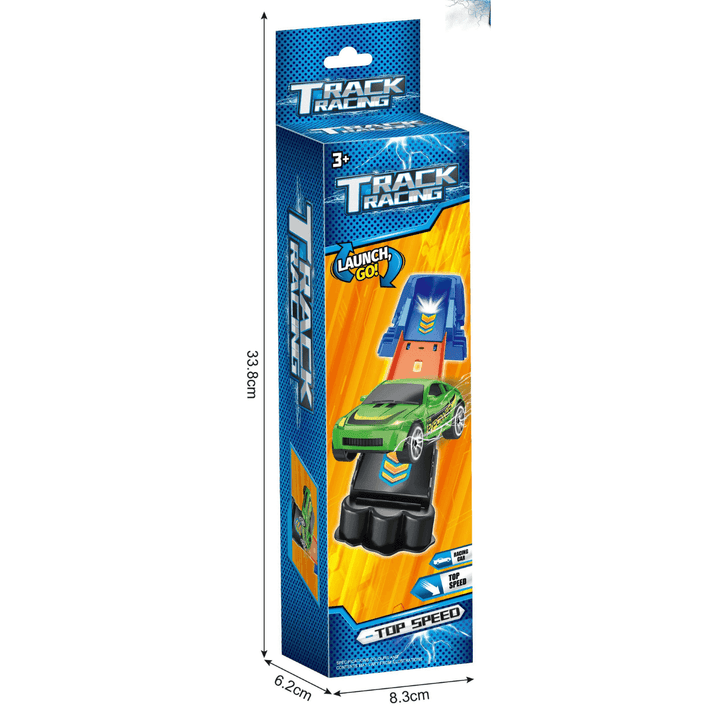 Caja de la PISTA DE CARRO Juguetes Buffalo con diseño llamativo, auto verde y rampa, ideal para niños mayores de 3 años.