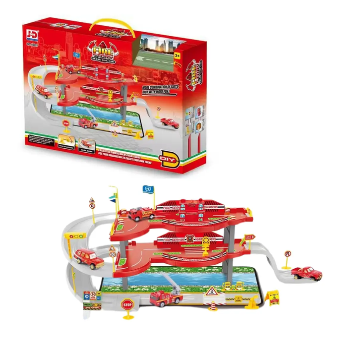 ESTACION DE BOMBEROS Juguetes Buffalo con pista de varios niveles, vehículos de bomberos y señales de tráfico. Ideal para niños de 5 a 7 años.