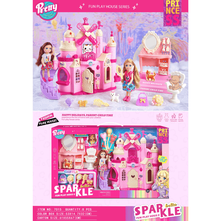 SET JUEGO DE DIVERSIONES con castillo rosa, muñecas princesas, mascotas y accesorios para niñas de 5 a 7 años. Inspiración creativa y fantasía.
