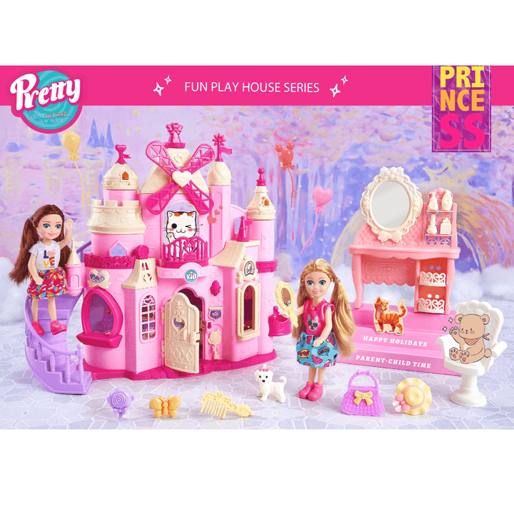 SET JUEGO DE DIVERSIONES - Juguete infantil imaginativo con castillo rosa, muñecas princesas, mascotas y accesorios decorativos.