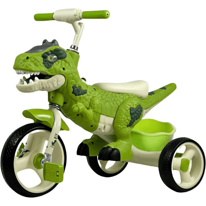 Triciclo de dinosaurio verde para niños con diseño divertido y seguro, asiento ergonómico y ruedas de goma resistentes.