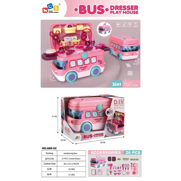 bus tocador, juguete peluquería, tocador infantil, juguete 2 en 1, carro y tocador, accesorios de peluquería, juguete importado, regalo para niñas, juguete creativo, envío rápido.