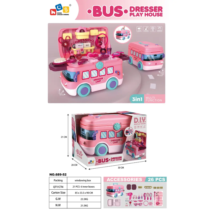 bus tocador, juguete peluquería, tocador infantil, juguete 2 en 1, carro y tocador, accesorios de peluquería, juguete importado, regalo para niñas, juguete creativo, envío rápido.