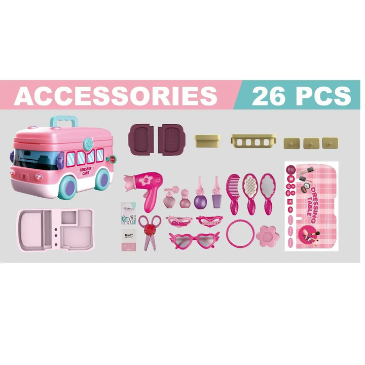 bus tocador, juguete peluquería, tocador infantil, juguete 2 en 1, carro y tocador, accesorios de peluquería, juguete importado, regalo para niñas, juguete creativo, envío rápido.