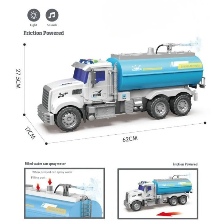 El Camión Sprinkler Truck OL1335 es el juguete perfecto para los pequeños que aman los vehículos grandes y realistas.
Con su diseño robusto a escala 1:10, este camión cisterna combina luces, sonidos y una función real de rociado de agua, haciendo que el juego sea aún más divertido.