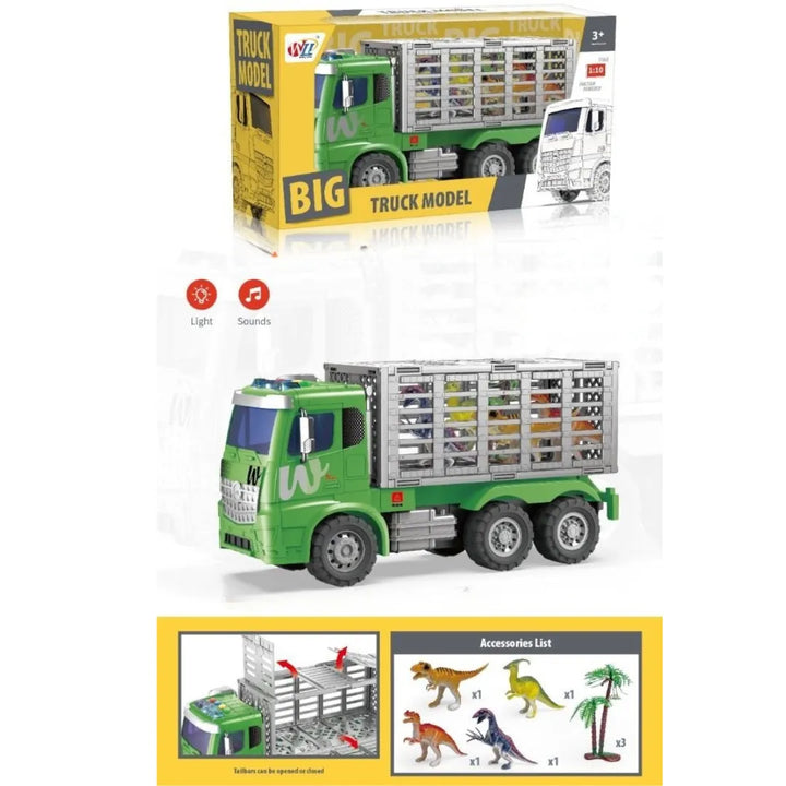 El Camión Porta Dinosaurios OL1331 combina la emoción del transporte pesado con la aventura jurásica.
Este increíble camión a escala 1:10 cuenta con luces y sonidos realistas, además de compartimientos para guardar y transportar los dinosaurios incluidos.