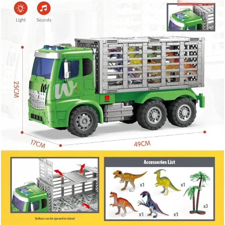 El Camión Porta Dinosaurios OL1331 combina la emoción del transporte pesado con la aventura jurásica.
Este increíble camión a escala 1:10 cuenta con luces y sonidos realistas, además de compartimientos para guardar y transportar los dinosaurios incluidos.