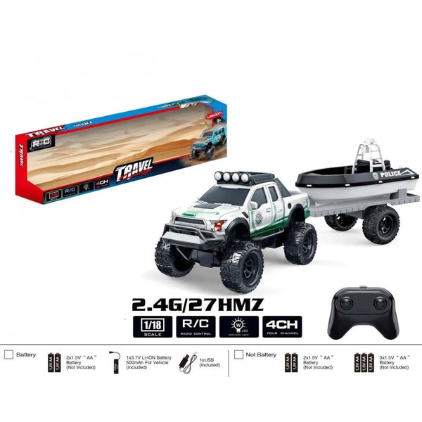 El Camión con Lancha de Policía OL1585 combina la potencia de un vehículo todoterreno con la emoción del control remoto.
Su diseño robusto y realista permite conducirlo por distintos terrenos, mientras transporta una lancha de rescate desmontable, lista para misiones de aventura.