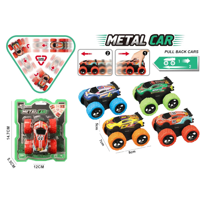 El Carro Metálico de Retroceso “Metal Car” Ref. KZ957-122 combina potencia, diseño y diversión en un solo juguete. Fabricado con cuerpo metálico y ruedas todoterreno, este carro se impulsa hacia atrás y avanza con fuerza al soltarlo, ¡incluso puede girar y cambiar de dirección solo!