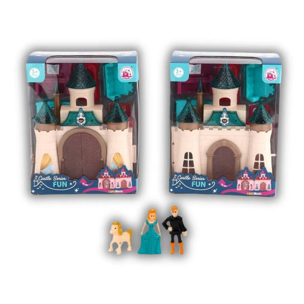 Un castillo mágico con torres verde turquesa, princesa, príncipe y caballito para vivir historias llenas de fantasía.