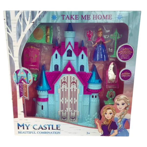 Con su diseño inspirado en palacios de invierno, torres celestes y detalles brillantes, este castillo se ilumina y suena al presionar un botón, creando un ambiente mágico que invita a soñar.