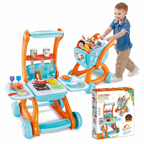 cocina infantil, cocina 2 en 1 con carrito, juguete educativo, juguete importado, cocina para niños, carrito de mercado infantil, juguetes para niñas, regalo educativo, juguetería Colombia, envío rápido