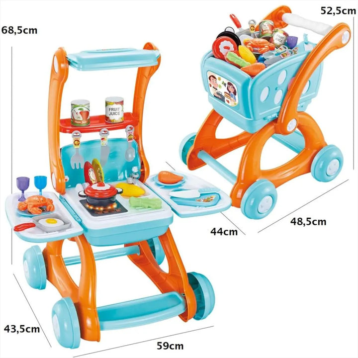 cocina infantil, cocina 2 en 1 con carrito, juguete educativo, juguete importado, cocina para niños, carrito de mercado infantil, juguetes para niñas, regalo educativo, juguetería Colombia, envío rápido