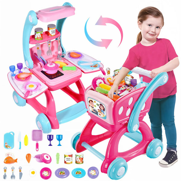 cocina infantil 2 en 1, carrito de mercado infantil, juguetes educativos, cocina para niñas, juguete importado Colombia, regalo para niños, juguetes coleccionables, cocina infantil importada, envío rápido, juguetería online