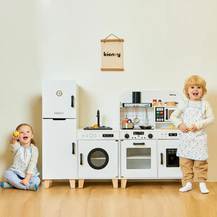 COCINA EN MADERA CON NEVERA Y LAVADORA BLANCA | Juguetes Buffalo Colombia