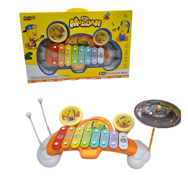 Set musical infantil 2 en 1 con xilófono y tambor. Juguete educativo para niños que fomenta la creatividad y el desarrollo musical.