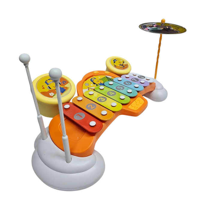 Set Musical Infantil 2 en 1 con xilófono y tambor. Juguete educativo para niños que fomenta la creatividad y el desarrollo musical.