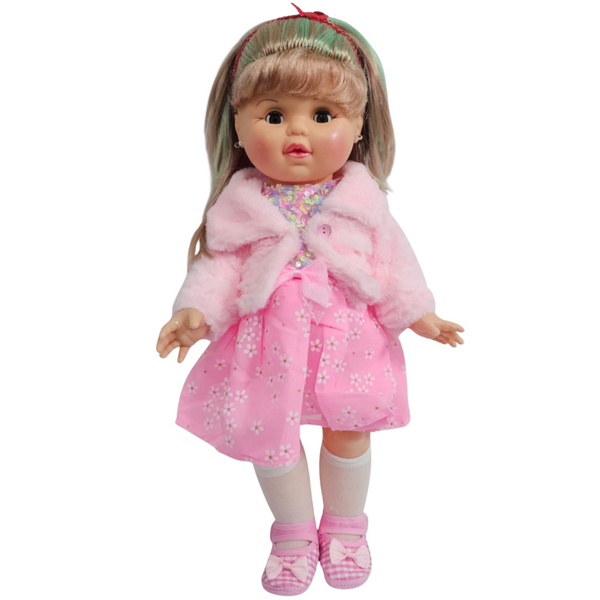 MUÑECA CON VESTIDO Y ABRIGO DE PELUCHE