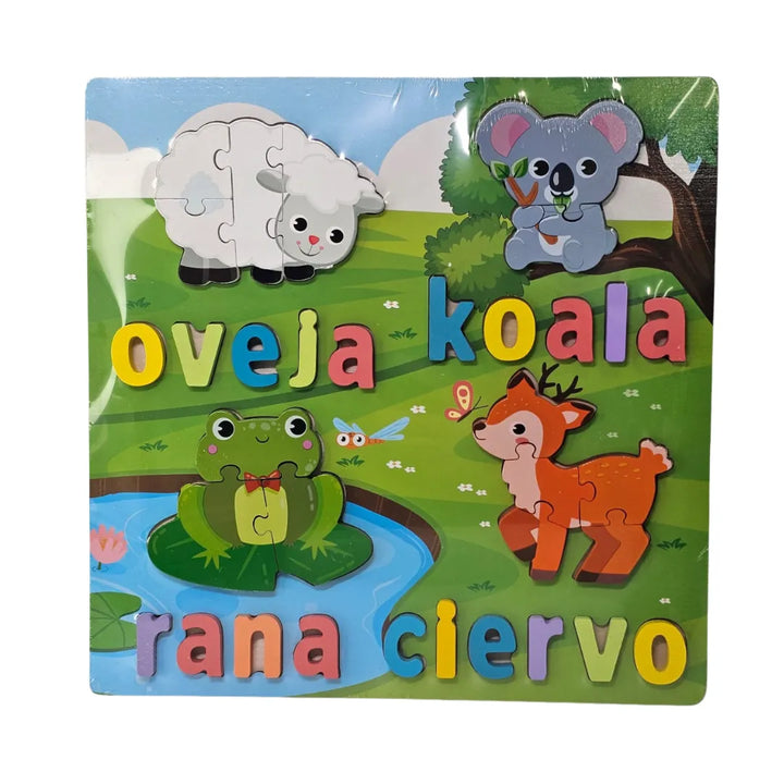 rompecabezas madera, puzzle animales marinos, juguetes educativos, rompecabezas infantil, aprendizaje palabras, juguetería Colombia, juguetes de madera