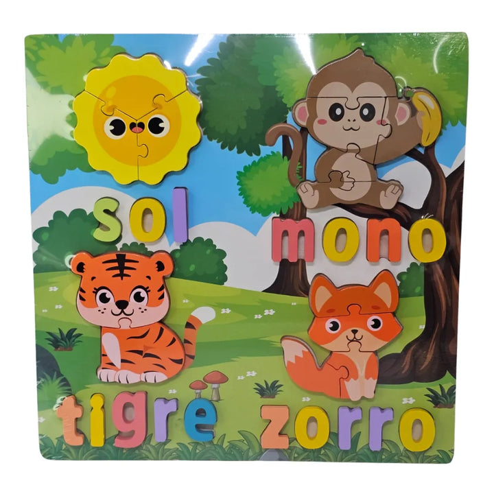 rompecabezas madera, puzzle animales marinos, juguetes educativos, rompecabezas infantil, aprendizaje palabras, juguetería Colombia, juguetes de madera