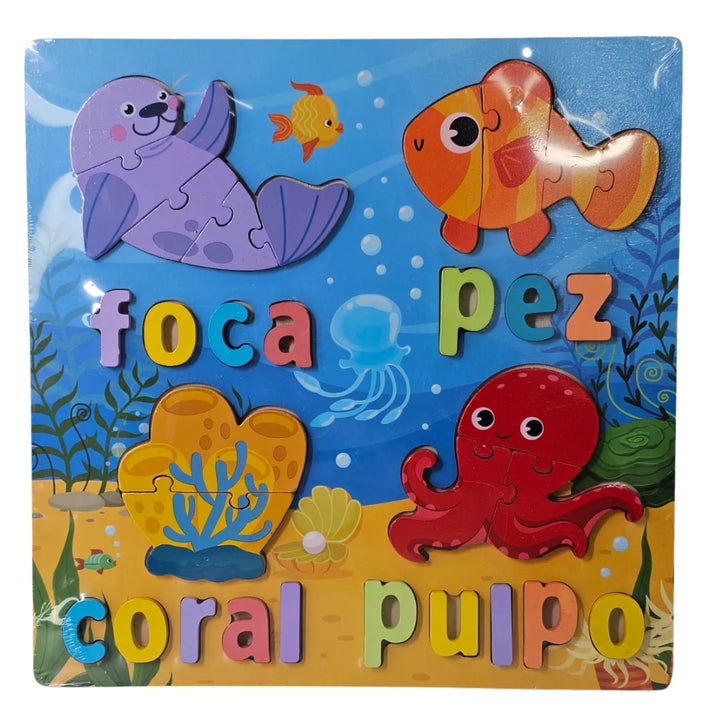 rompecabezas madera, puzzle animales marinos, juguetes educativos, rompecabezas infantil, aprendizaje palabras, juguetería Colombia, juguetes de madera