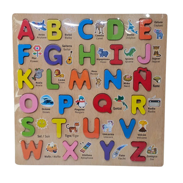 rompecabezas abecedario, puzzle ABC madera, abecedario infantil, juguetes educativos, rompecabezas bilingüe, letras de madera, juguetería Colombia, aprendizaje temprano