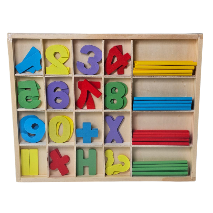 set matemático madera, números de madera, palitos de conteo, juguetes educativos matemáticas, operaciones básicas niños, juguetes de madera Colombia, aprendizaje infantil