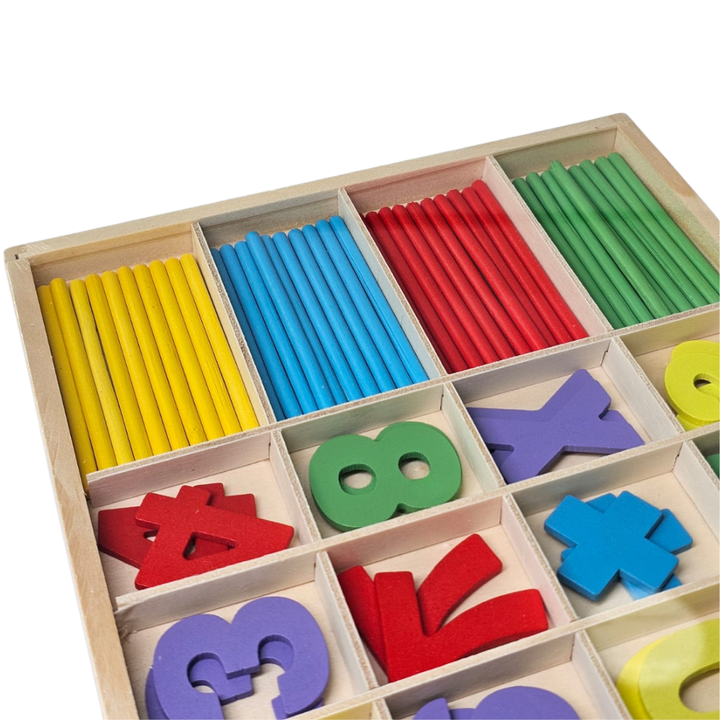 set matemático madera, números de madera, palitos de conteo, juguetes educativos matemáticas, operaciones básicas niños, juguetes de madera Colombia, aprendizaje infantil