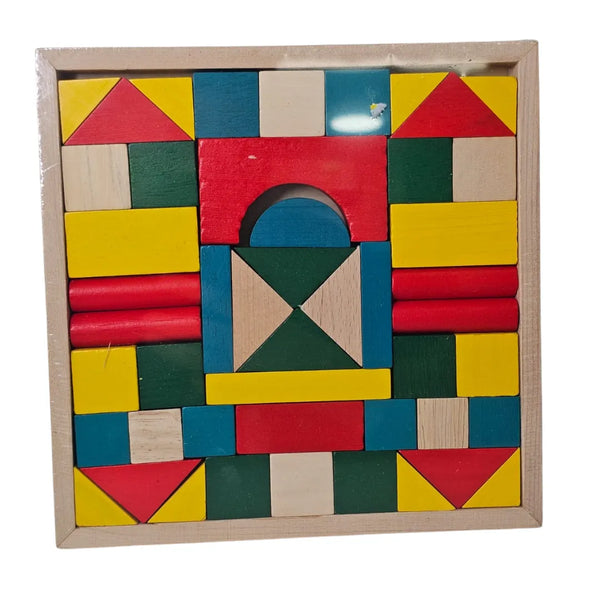 bloques de madera, bloques de construcción niños, juguetes educativos madera, figuras geométricas madera, juguetería Colombia, construcción infantil