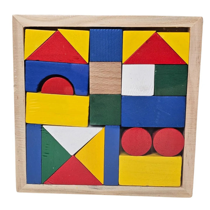 bloques geométricos madera, set construcción niños, juguetes educativos madera, figuras geométricas infantiles, Montessori Colombia, juguetes didácticos