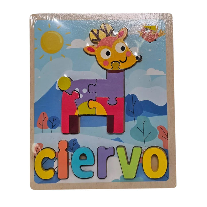rompecabezas madera llama, puzzle letras infantil, juguetes educativos madera, vocabulario niños, juguetería Colombia, animales de madera