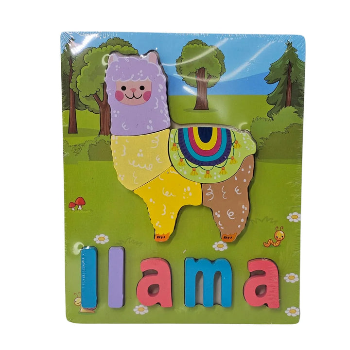 rompecabezas madera llama, puzzle letras infantil, juguetes educativos madera, vocabulario niños, juguetería Colombia, animales de madera