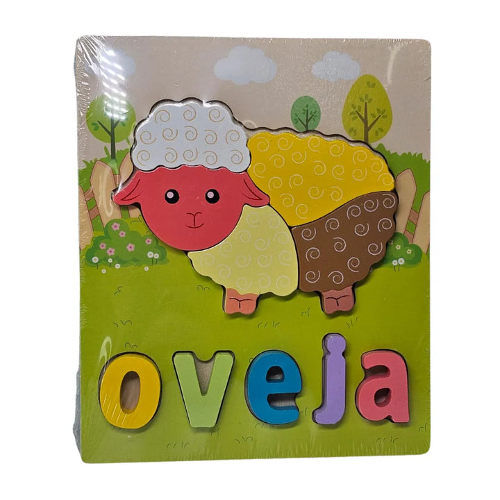 rompecabezas madera llama, puzzle letras infantil, juguetes educativos madera, vocabulario niños, juguetería Colombia, animales de madera