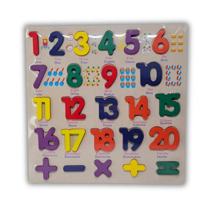 rompecabezas números madera, puzzle 1 al 20, juguetes educativos matemáticas, números en madera infantil, aprendizaje bilingüe, juguetes de madera Colombia, motricidad fina