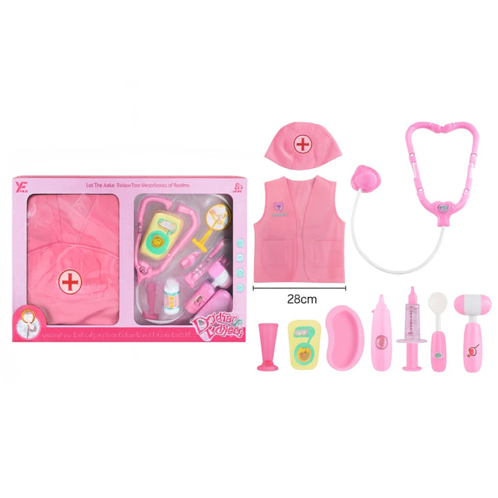 Con el Doctor Play Set Rosado, tu pequeña podrá sentirse como una verdadera doctora.
Este encantador set incluye 10 piezas médicas y una indumentaria de doctora (chaleco y gorro), perfectas para explorar el mundo de la medicina a través del juego.