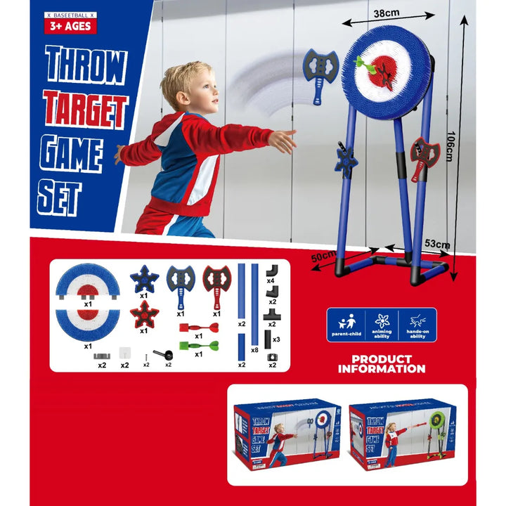 El Throw Target Game Set 2888-42A es un divertido juego de lanzamiento diseñado para que los niños practiquen la precisión, la fuerza y la coordinación mientras se divierten. Incluye una gran diana de 38 cm y varios accesorios de lanzamiento que se adhieren fácilmente al objetivo.