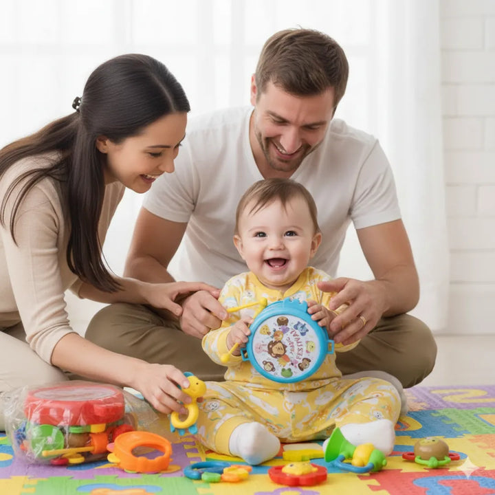 kit musical bebé, tambor y sonajero bebé, juguete importado bebé 0-12 meses, juguete musical infantil, regalo bebé musical, envío rápido Colombia, juguete coleccionable bebé, estimulación temprana bebé, sonajero tambor bebé, juguete barato bebé musical.