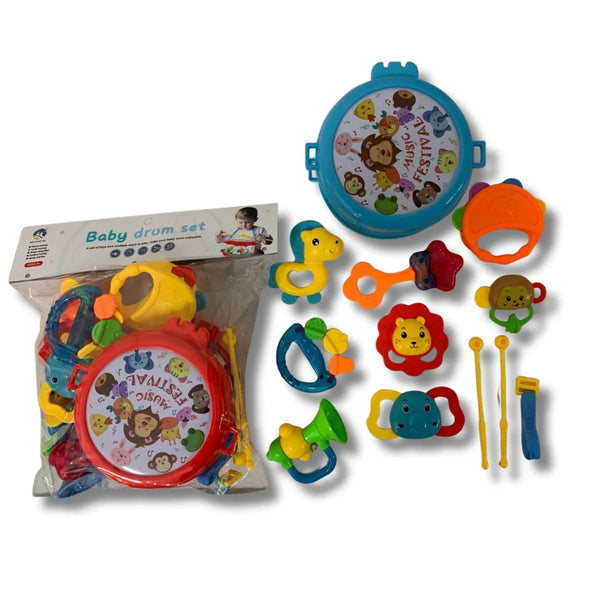kit musical bebé, tambor y sonajero bebé, juguete importado bebé 0-12 meses, juguete musical infantil, regalo bebé musical, envío rápido Colombia, juguete coleccionable bebé, estimulación temprana bebé, sonajero tambor bebé, juguete barato bebé musical.
