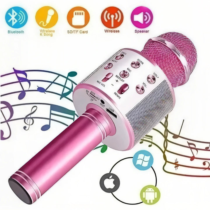 micrófono karaoke infantil, micrófono Bluetooth niños, karaoke para niños, juguete musical, micrófono con luces, micrófono electrónico, juguete importado, micrófono karaoke Colombia, regalo para niños, envío rápido