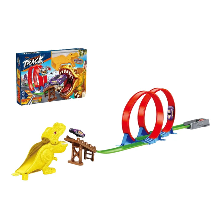 La Pista Dinosaurio OL1150 te lleva a una aventura jurásica llena de velocidad y emoción.
Con su doble loop de 360° y el tremendo salto hacia la boca del dinosaurio, los niños vivirán horas de acción ininterrumpida mientras compiten por superar al feroz T-Rex.