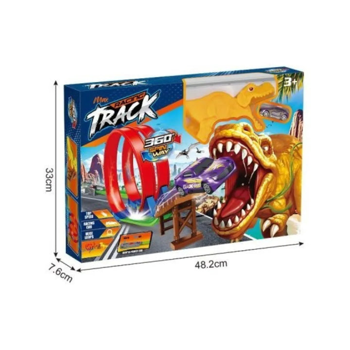 La Pista Dinosaurio OL1150 te lleva a una aventura jurásica llena de velocidad y emoción.
Con su doble loop de 360° y el tremendo salto hacia la boca del dinosaurio, los niños vivirán horas de acción ininterrumpida mientras compiten por superar al feroz T-Rex.