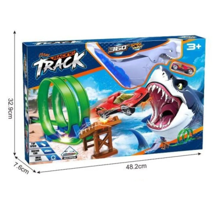 La Pista Tiburón OL1149 es pura adrenalina y velocidad.
Con su espectacular diseño 360° y doble loop, los niños disfrutarán viendo su auto dar vueltas imposibles antes de lanzarse directo hacia la rampa del tiburón.